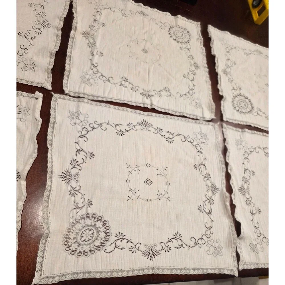 Vintage Cotton Cutwork Napkins Lace Floral Pattern Set of 6 - 14